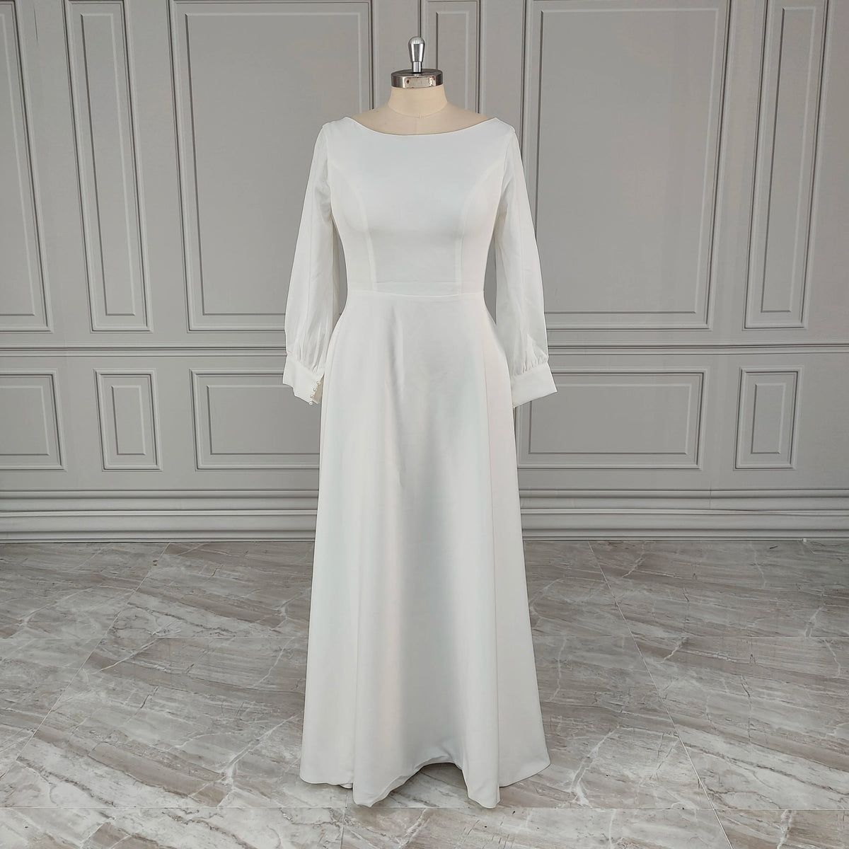 100%  Real Photos Simple Long Sleeves Boat Neck A-line Chiffon Wedding Dress Low Back Bride Gown for Women Vestido De Novia