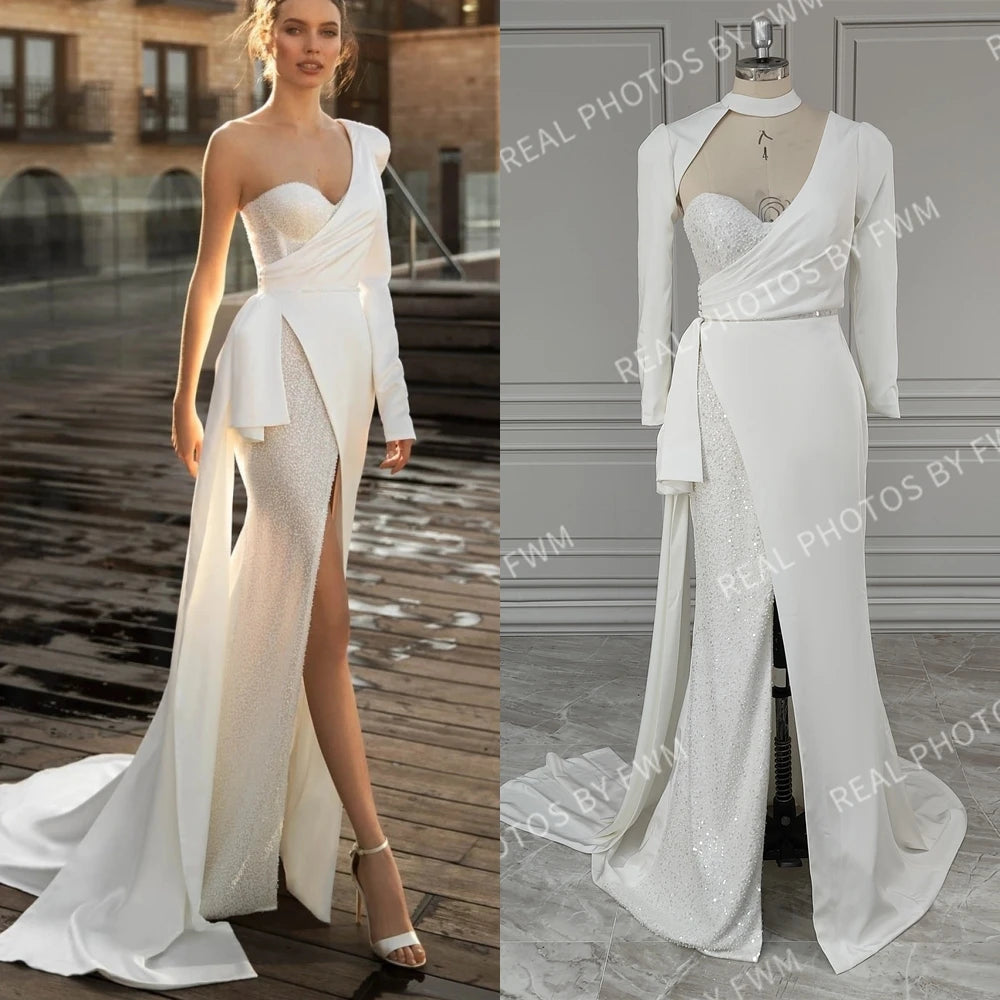 Real Photos Sexy Beading High Side Slit  Satin Wedding Dress Bridal Gown for Women With Detachable Sleeves