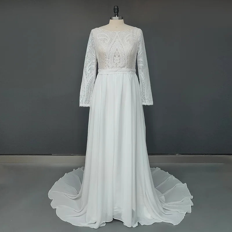 100% Real Photos Bohemian Chiffon Wedding Dresses Boat Neck Long Sleeve Lace Wedding Bridal Gowns for Plus Size Women