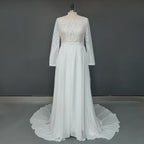 100% Real Photos Bohemian Chiffon Wedding Dresses Boat Neck Long Sleeve Lace Wedding Bridal Gowns for Plus Size Women