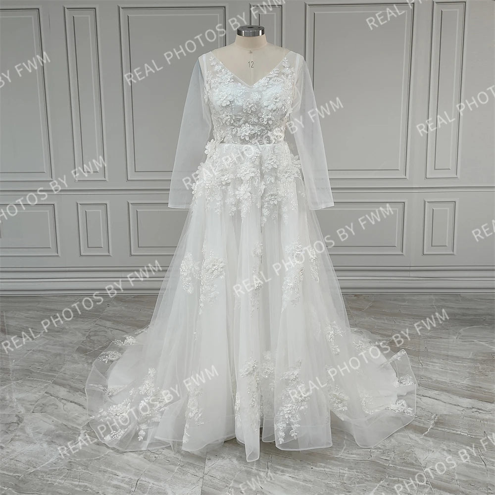 Real Photos Beach Spaghetti Straps 3D Flowers Sequined Lace Tulle A-line Wedding Dress Bride Gown for Women