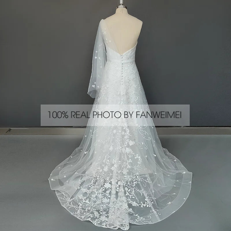 8138#Real Photos One Shoulder Sleeveless Sweetheart Open Back Tulle Sweep Train Lace Applique Wedding Dress Wedding Bridal Gown