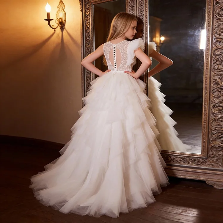 Custom Puffy Sequined Beaded Lace Appliques Tiered Tulle Flower Girl Dress with Sweep Train for Wedding/Party/Stage/Pageant