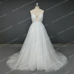 Real Photos Simple Beading Spaghetti Straps Lace Wedding Dress Boho Tulle A-Line Backless V-Neck Bridal Gown for Women