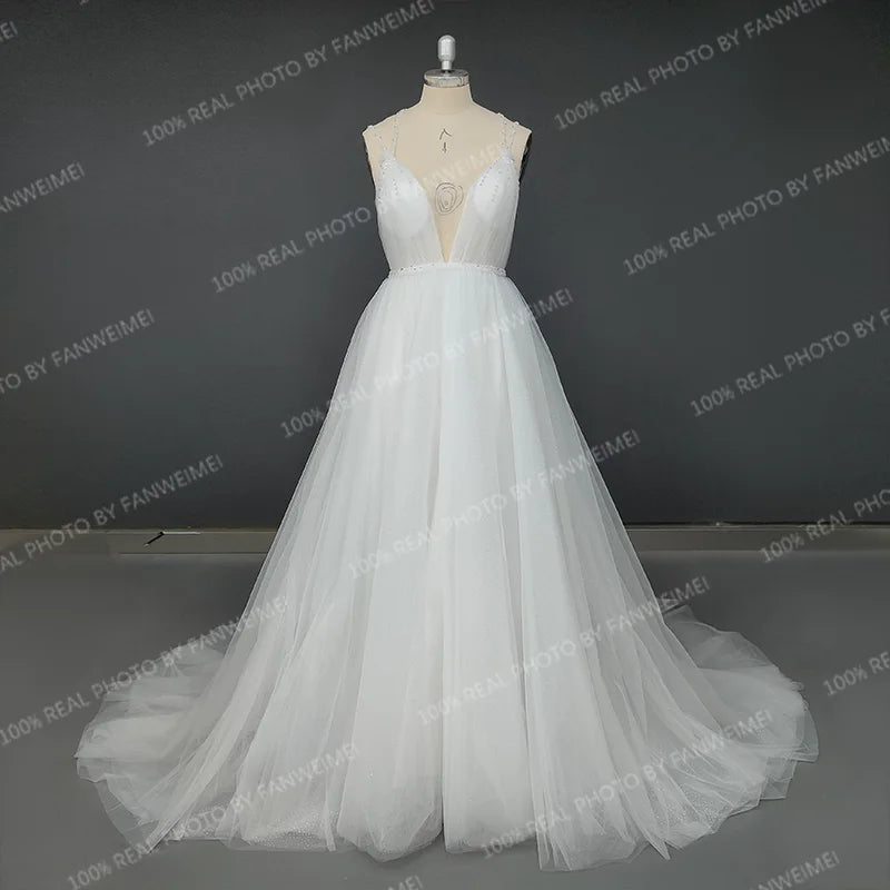 Real Photos Simple Beading Spaghetti Straps Lace Wedding Dress Boho Tulle A-Line Backless V-Neck Bridal Gown for Women
