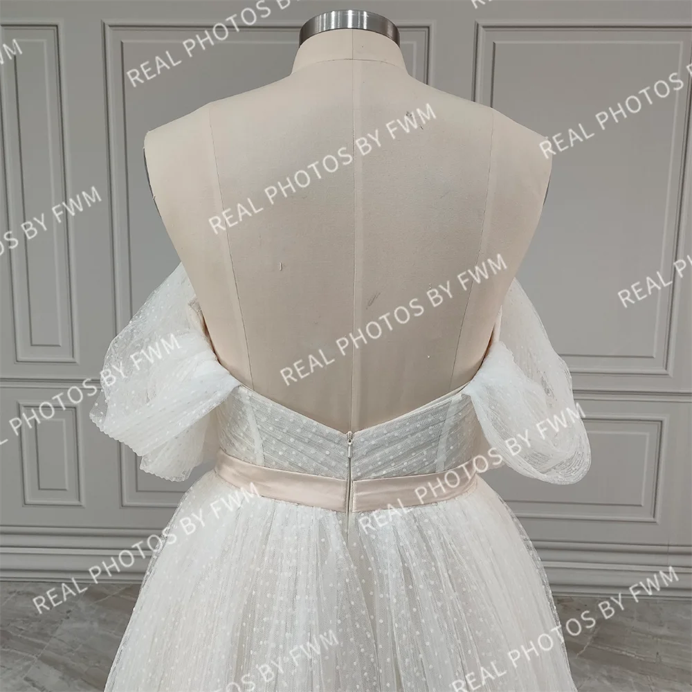 Real Photos Boho Off Shoulder Pleat Dots Lace Wedding Dress Low Back Tulle A-line Bride Gown for Women Elegant Bridal Dress