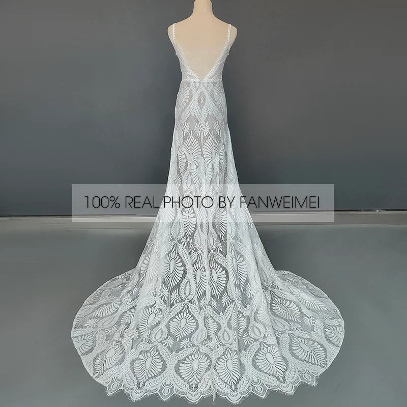 10864#Real Photos Spaghetti Straps Sleeveless V-Neck Open Back Sweep Train Lace Bohemian Boho Wedding Dress Wedding Bridal Gown