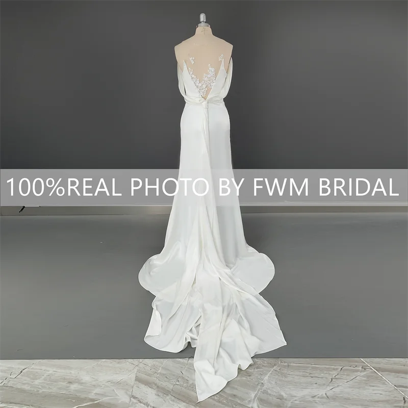 15368# Real Photos Simple Spaghetti Straps Backless Appliques Satin Mermaid Wedding Dress Bridal Gown Evening Dress for Women