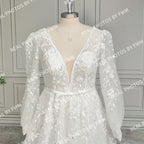 Real Photos High Quality Elegant V-Neck Lace A-line Wedding Dress for Bride Women Long Sleeves Backless Bridal Gown