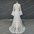 Real Photos Boho Flare Bell Sleeve Appliques Lace Wedding Dress V-Neck Backless Sweep Train Woman Bridal Gown for Wedding