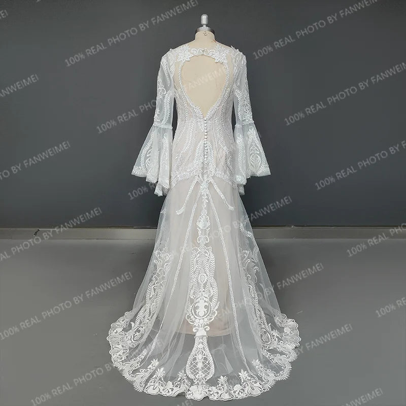 Real Photos Boho Flare Bell Sleeve Appliques Lace Wedding Dress V-Neck Backless Sweep Train Woman Bridal Gown for Wedding