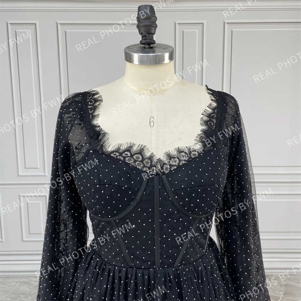 15199# Real Photos Black Shimmering Sequins Lace Long Puffy Sleeve Split Front Wedding Party Evening Dress for Women Prom Gown