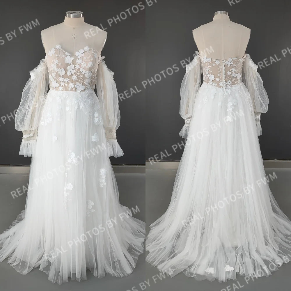 #2220 Real Photos Boho Detachable Puffy Sleeves Appliques Lace Strapless Wedding Dress for Women Pleated Tulle  Bridal Gown