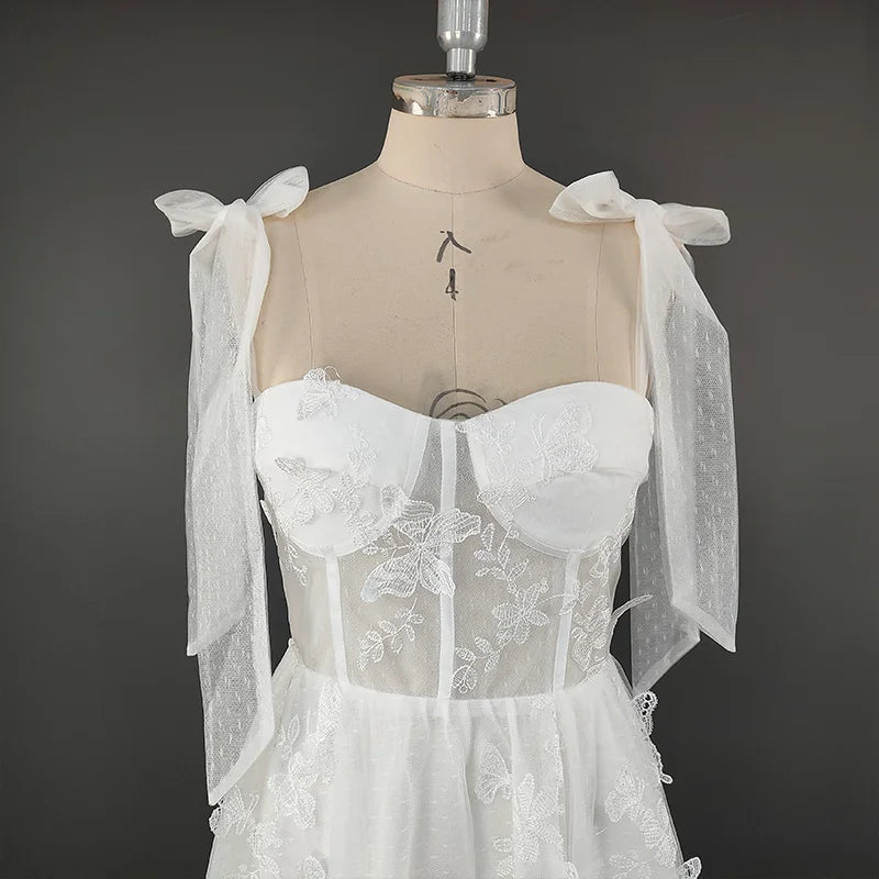 8754# Elegant Spaghetti Straps A-line Wedding Dress Bow Ribbons Butterfly Print Lace Causal Plus Size Womens Dresses Real Photos