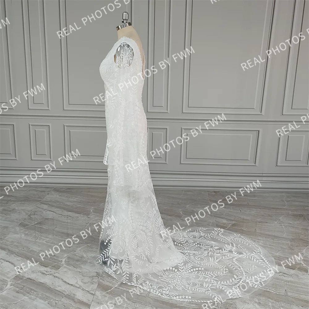 Real Photos High Quality Bohemian Flare Sleeves V-Neck Open Back Lace Wedding Dress Elegant Women Bride Dress for Wedding