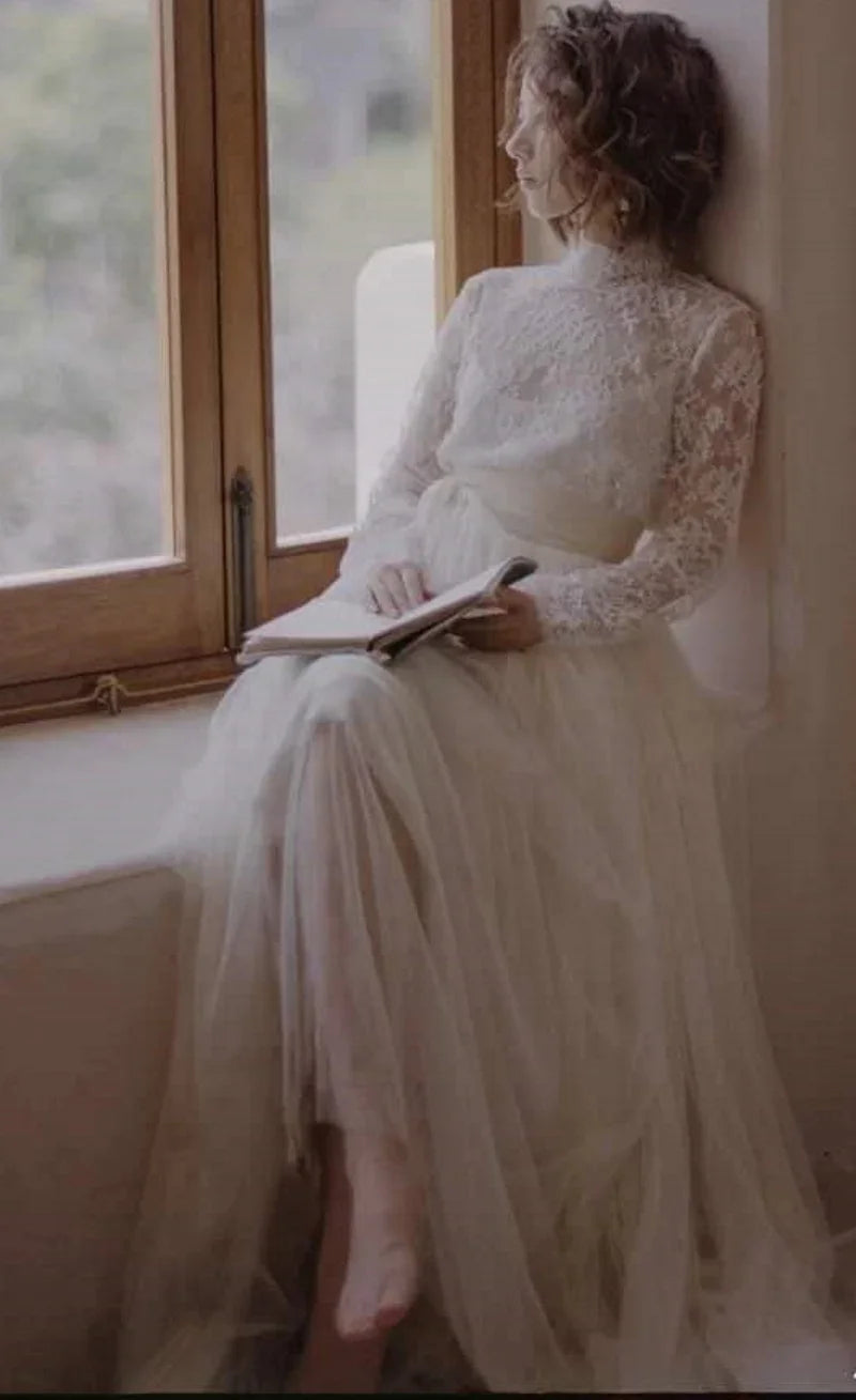 #3147 100% Real Photos A-Line Vintage Special Design Long  Sleeve Lace Soft Light Champagne Open Back Bridal Gown Wedding Dress