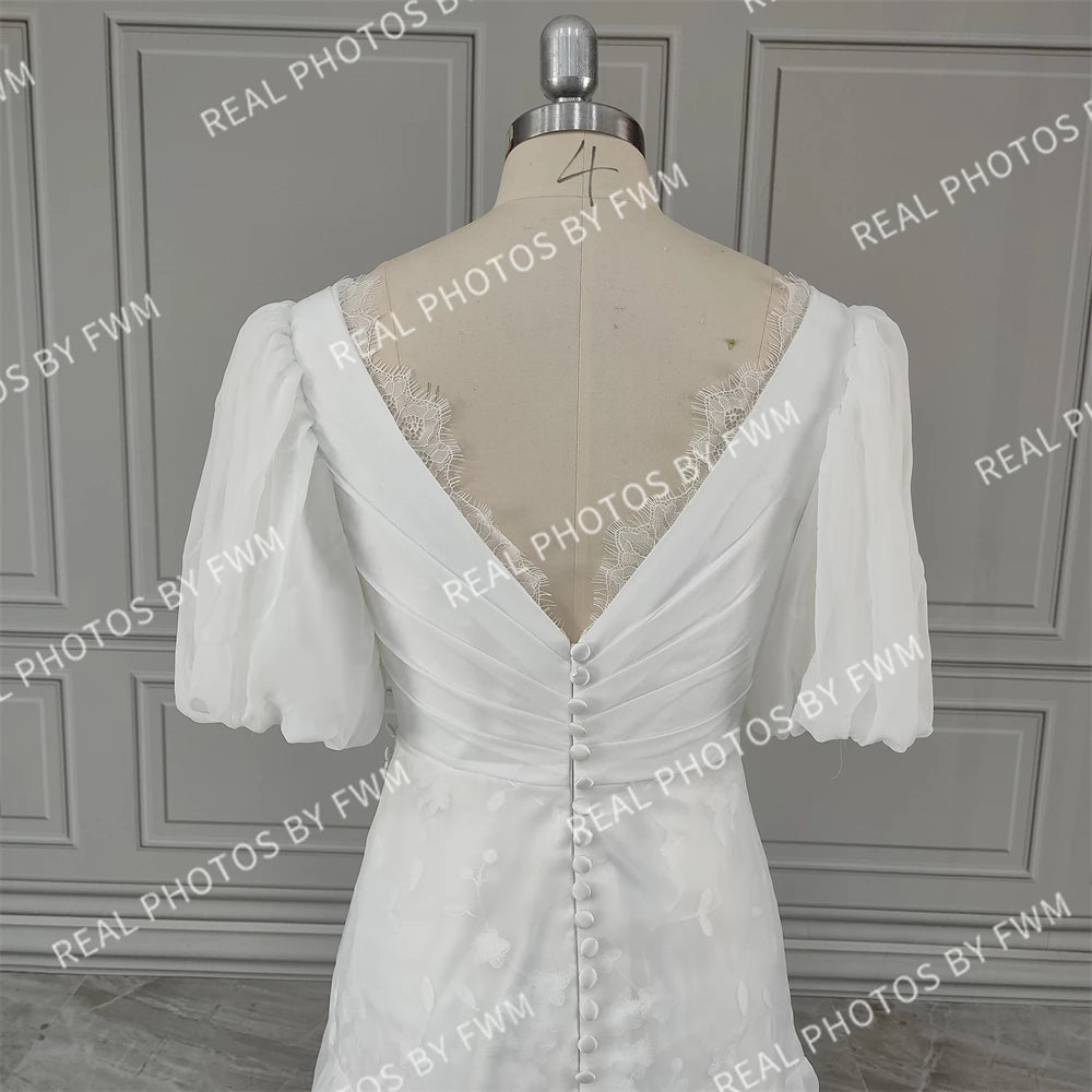 2352# Real Photo Simple V-Neck Puffy Sleeves A-line Organza Wedding Dress Backless Lace Bride Gown for Women Evening Dress