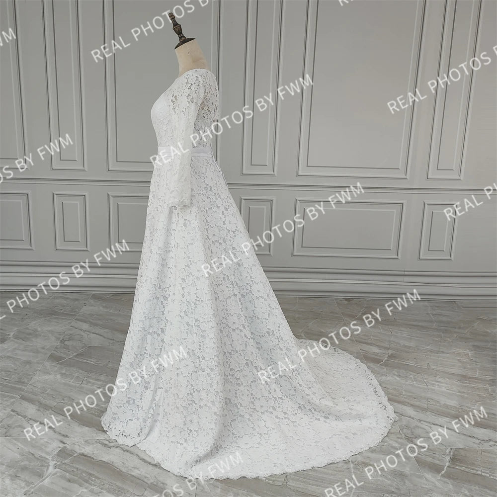 Real Photos High Quality Corset Back O-Neck Lace Long Sleeve A-Line Appliques Lace Wedding Dress for Women Bridal Gown