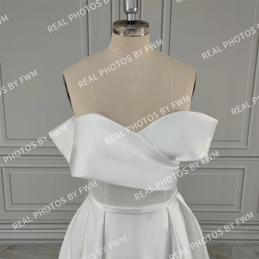 Real Photos High Quality Off Shoulder High Side Slit Satin A-line Wedding Dress for Women Bride Gowns Vestido De Novia