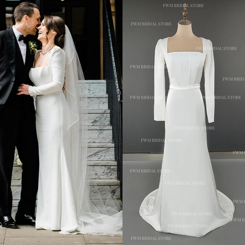 10965#   Real Photos Simple Long Sleeves Square Collar Satin Wedding Dress for Plus Size Women Sweep Train Custom Bridal Gown