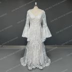 Real Photos Boho Flare Bell Sleeve Appliques Lace Wedding Dress V-Neck Backless Sweep Train Woman Bridal Gown for Wedding