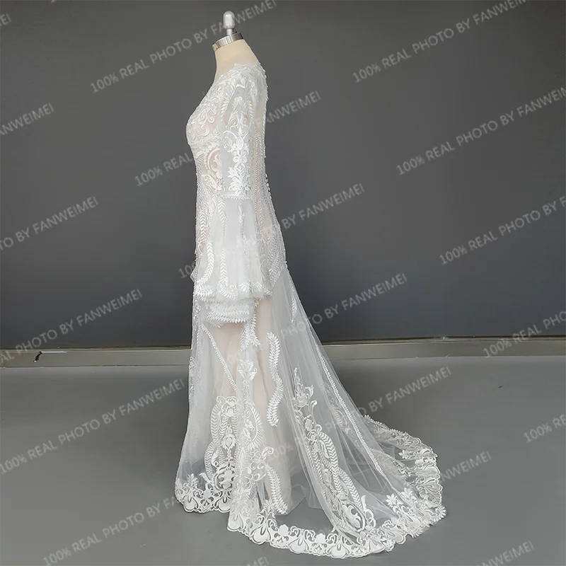 Real Photos Boho Flare Bell Sleeve Appliques Lace Wedding Dress V-Neck Backless Sweep Train Woman Bridal Gown for Wedding
