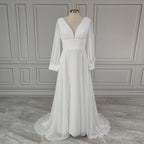 Real Photos High Quality Simple Puffy Sleeves A-line Pleat Chiffon Wedding Dress Elegant Bride Gown for Women 13263