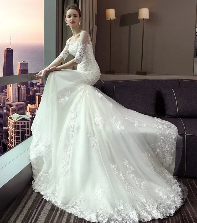 #6212 Wholesale Half Sleeve Lace Applique Mermaid Long Veil  Wedding Dress Wedding Dress Bride Gown Bridal Dress for Woman