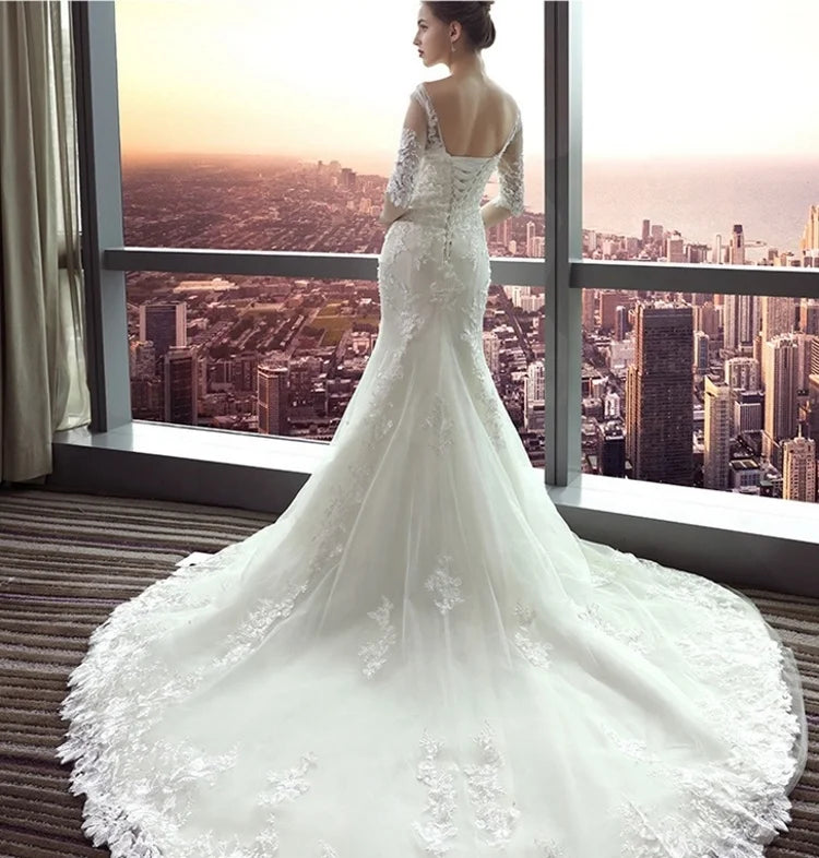 #6212 Wholesale Half Sleeve Lace Applique Mermaid Long Veil  Wedding Dress Wedding Dress Bride Gown Bridal Dress for Woman