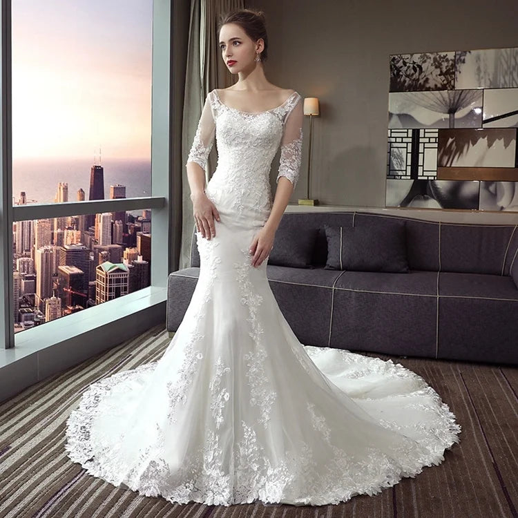 #6212 Wholesale Half Sleeve Lace Applique Mermaid Long Veil  Wedding Dress Wedding Dress Bride Gown Bridal Dress for Woman
