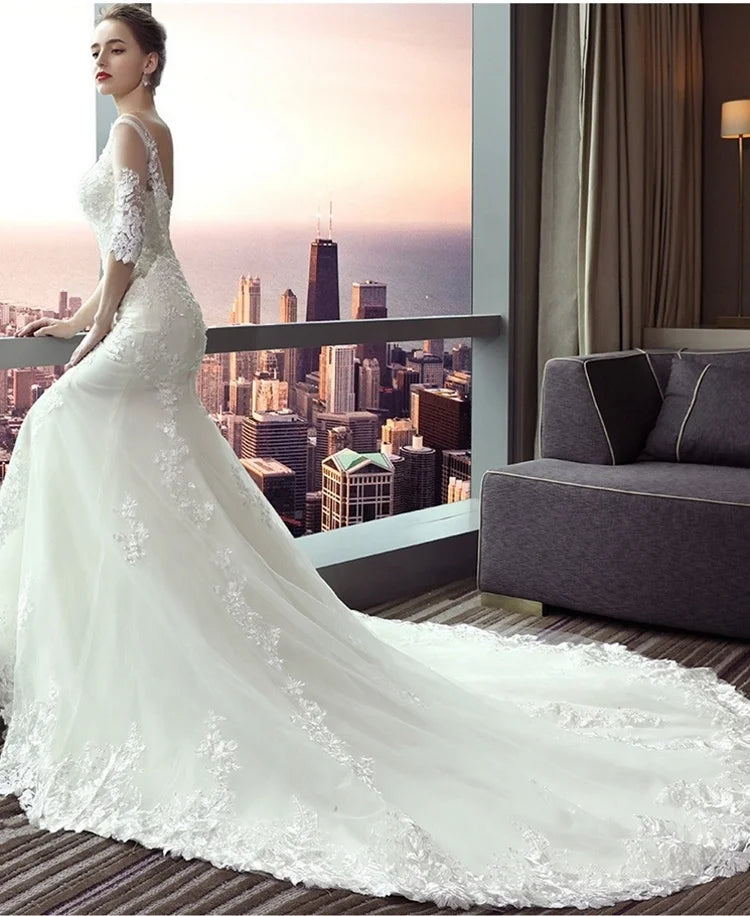 #6212 Wholesale Half Sleeve Lace Applique Mermaid Long Veil  Wedding Dress Wedding Dress Bride Gown Bridal Dress for Woman