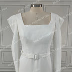 Real Photos High Quality Full Sleeves Square Collar Mermaid Satin Wedding Dress With Belt Sweep Train Bride Gown for Women