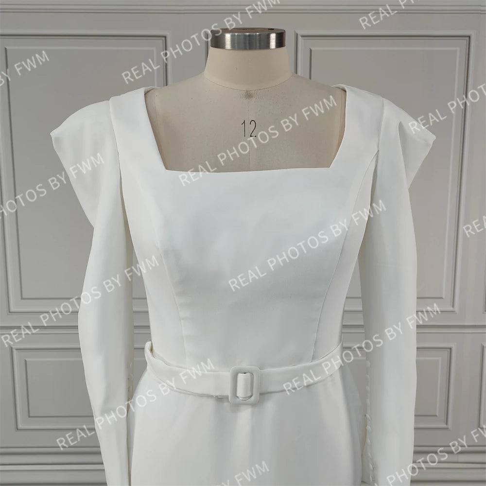 Real Photos High Quality Full Sleeves Square Collar Mermaid Satin Wedding Dress With Belt Sweep Train Bride Gown for Women