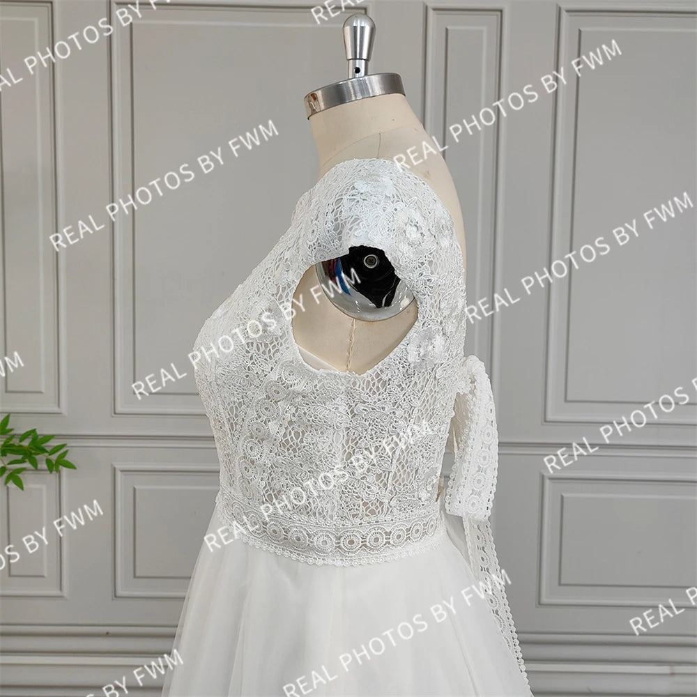 100% Real Photos High Quality Boho Appliques Lace A-line Wedding Dress for Bride 2024 Elegant Backless Tulle Bridal Gown
