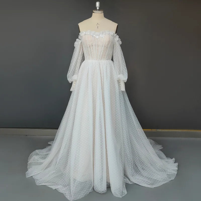 Real Photos Elegant Detachable 3/4 Puffy Sleeves Pleated Dot Tulle A-line Wedding Dress Sweep Train Bride Gown for Women