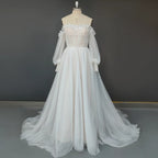 Real Photos Elegant Detachable 3/4 Puffy Sleeves Pleated Dot Tulle A-line Wedding Dress Sweep Train Bride Gown for Women