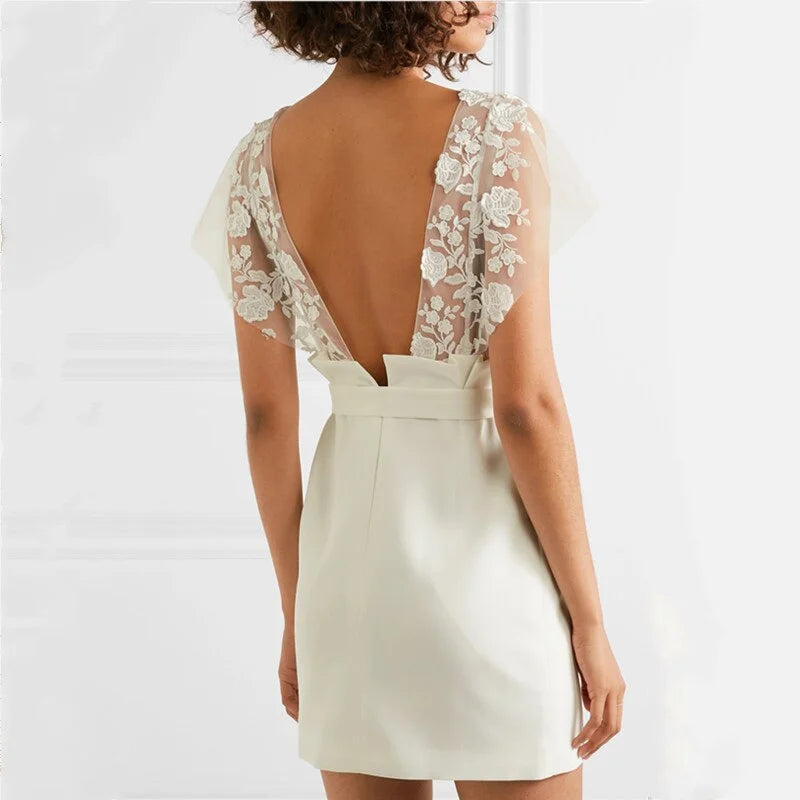 15464# Real Photos Simple Beach Short Sheath Low Back Appliques Lace Mini Wedding Dress Bridal Gown Prom Dress for Women