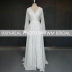 8239#  Real Photos Split Front V-neck Pleat Soft Chiffon Wedding Dress Elegant SweepTrain Bridal Gown With Long Sleeves