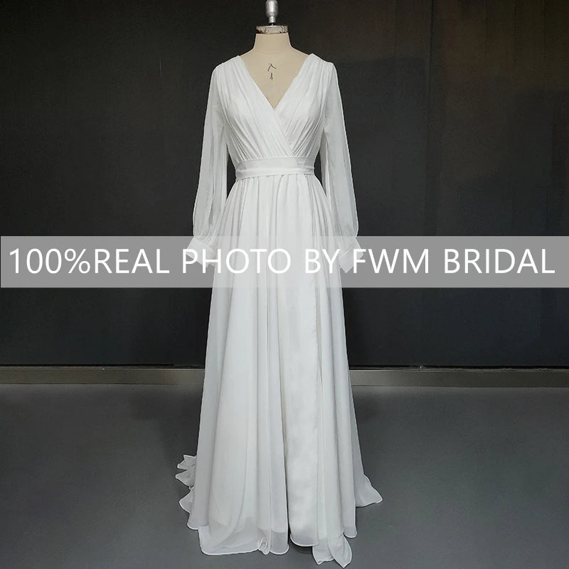 8239#  Real Photos Split Front V-neck Pleat Soft Chiffon Wedding Dress Elegant SweepTrain Bridal Gown With Long Sleeves
