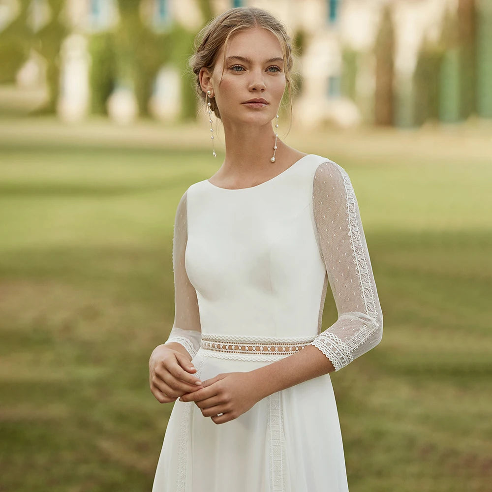 8862# Real Photos O-neck Backless Appliques Illusion Lace Wedding Dress Soft Chiffon Sweep Train A-line Bridal Gown for Party