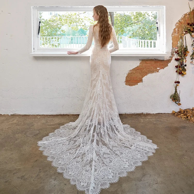 4198#  Real Photos Sweep Train  Arabic Spring Mermaid Online Long Sleeves Lace Champagne Wedding Gowns Bride Dresses
