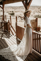10926#Real Photos Flare Sleeve Lace Bohemian Beach V-Neck Open Back Illusion Wedding Dress Wedding Bridal Gown