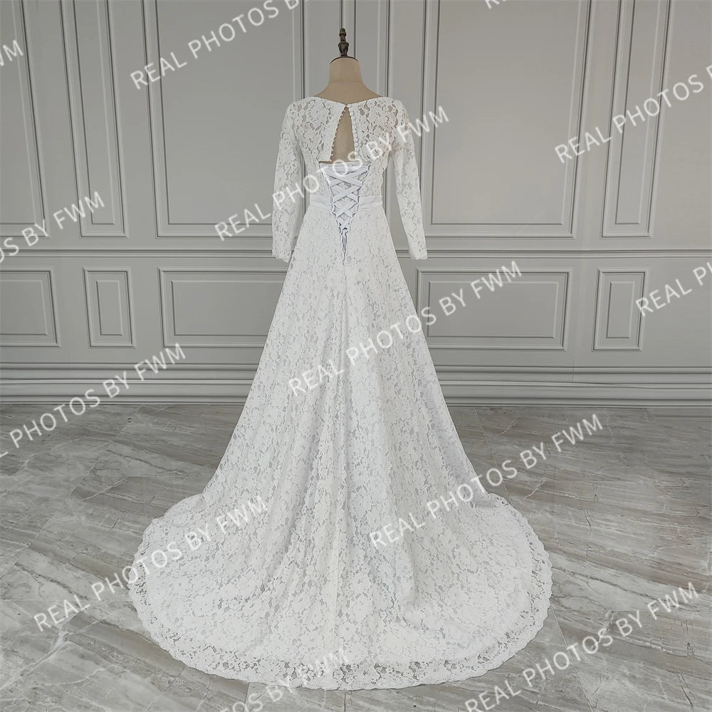 Real Photos High Quality Corset Back O-Neck Lace Long Sleeve A-Line Appliques Lace Wedding Dress for Women Bridal Gown