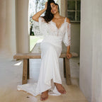 10586#Real Photos Spaghetti Strap Lace Bohemian Deep V-Neck Open Back Sheath Wedding Dress Wedding Bridal Gown
