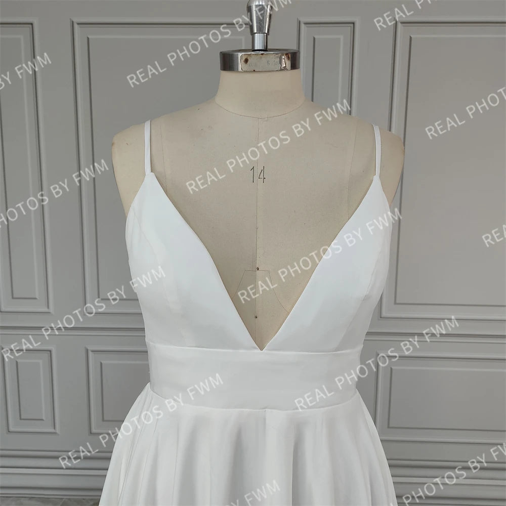 Real Photos Simple Spaghetti Straps V-neck A-line Chiffon Wedding Dress Beading Sequined Lace Backless Bride Gown for Women