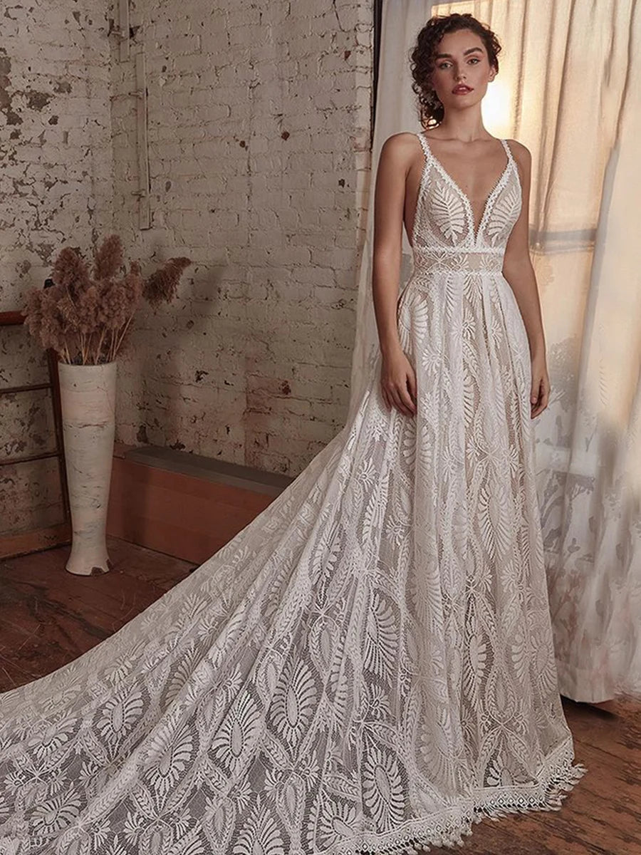 8259#Real Photos Spaghetti Strap Lace Bohemian Deep V-Neck Open Back Illusion Wedding Dress Wedding Bridal Gown