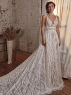 8259#Real Photos Spaghetti Strap Lace Bohemian Deep V-Neck Open Back Illusion Wedding Dress Wedding Bridal Gown