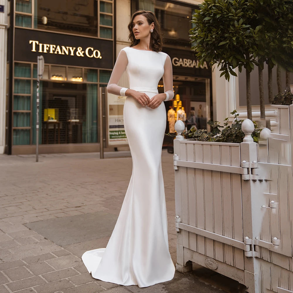 8209#Real Photos Sheer Long Sleeve O-Neck Open Corset Back Sheath Soft Satin Sweep Train Wedding Dress Wedding Bridal Gown