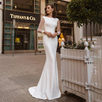 8209#Real Photos Sheer Long Sleeve O-Neck Open Corset Back Sheath Soft Satin Sweep Train Wedding Dress Wedding Bridal Gown