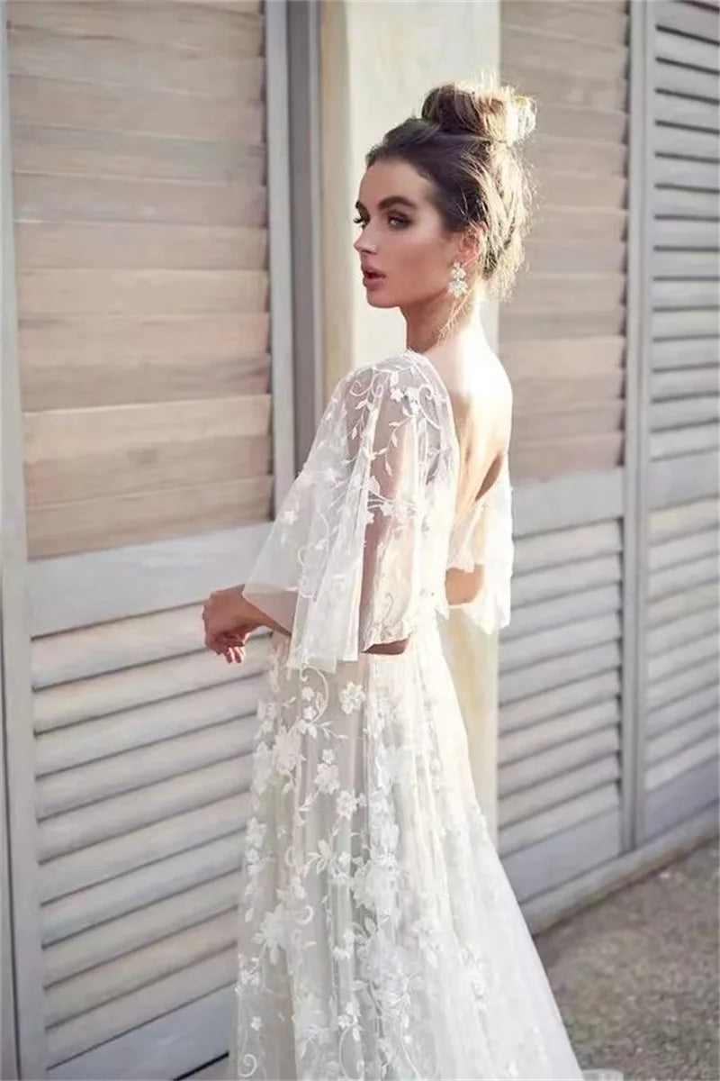 #9095 REAL PHOTOS by FANWEIMEI V-Neck Backless Half Sleeve A-Line Simple Bohemian Boho Lace Applique Wedding Dress Bride Gown